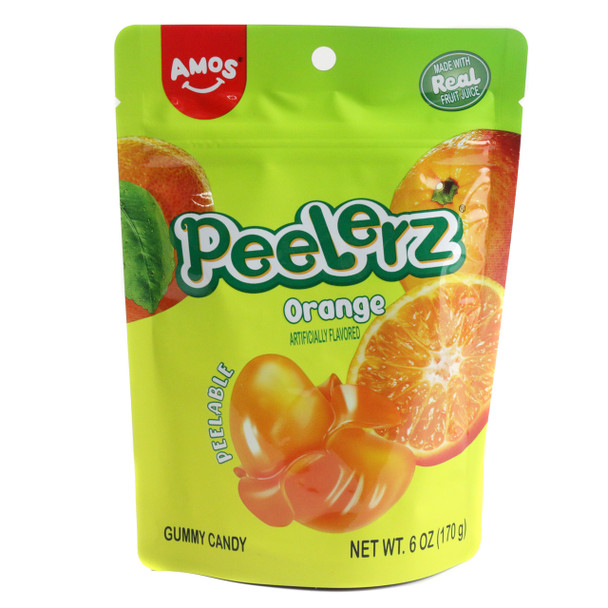Peelerz Orange Candy 12 pack. Bright orange, chewy, peelable gummies, 6oz bags with approx 36 pieces per bag.