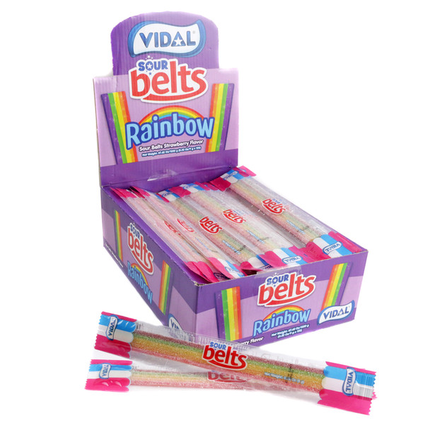 150 colorful, chewy, sugar-coated sour rainbow belts with sweet strawberry flavor.