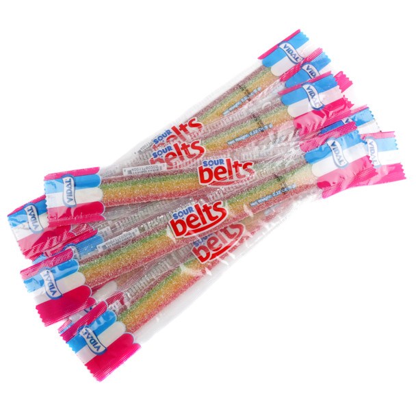 150 sour rainbow belts, vibrant multicolored strips, sugar-coated chewy strawberry flavored candy.