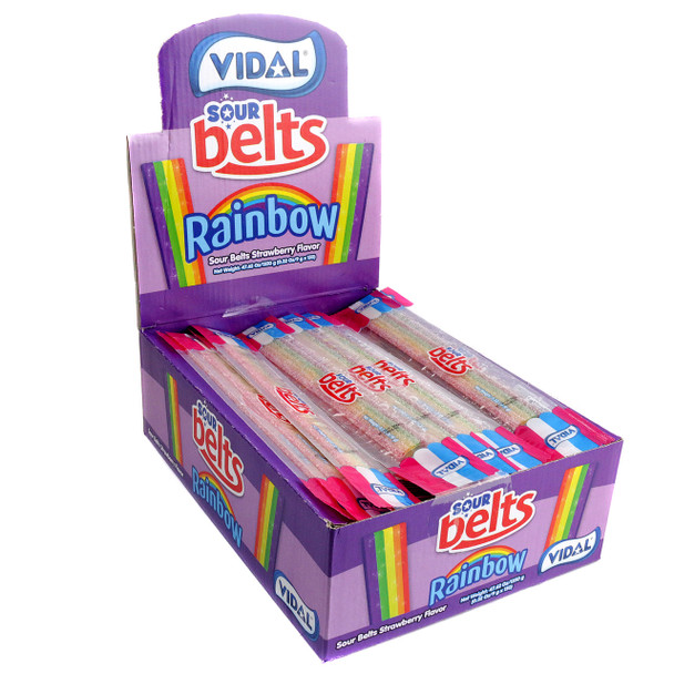 Vibrant sour rainbow candy belts, 150 pieces, sugar-coated strawberry flavor, 6 count case.