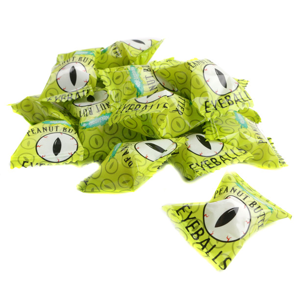 Atkinson Peanut Butter Eyeballs, individually wrapped, crispy green Halloween candy with spooky foil.