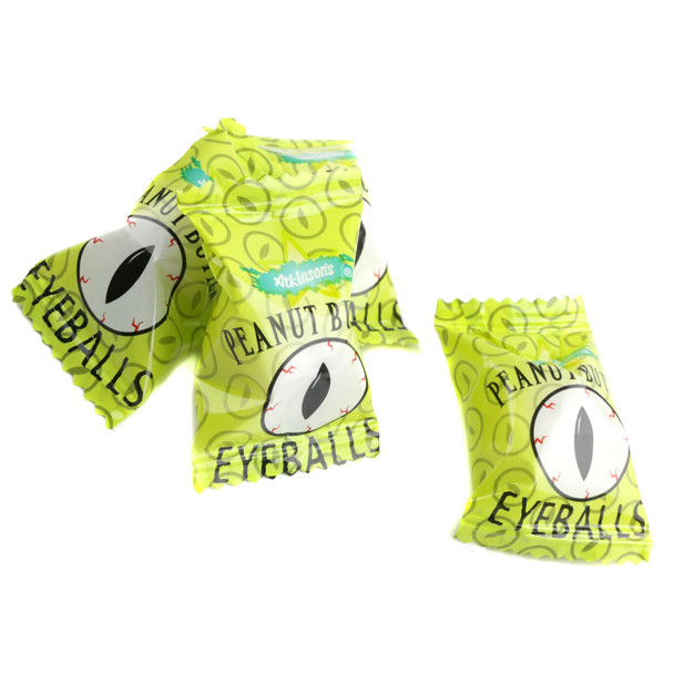 Green Atkinson Peanut Butter Eyeballs, individually wrapped, crispy crunchy Halloween candy.