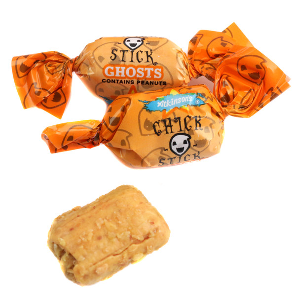 Orange ghost-shaped Atkinson Chick-O-Stick candies, crunchy peanut butter and toasted coconut, individually wrapped Halloween treats.