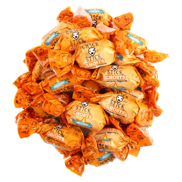 Halloween Atkinson Chick-O-Stick Ghosts, orange crunchy peanut butter & coconut candies, individually wrapped.