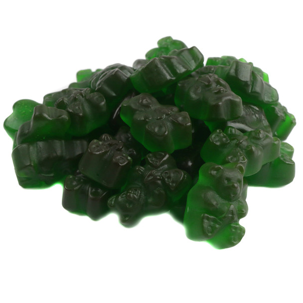Vibrant green Apple Crisp Gummy Bears, chewy sweet apple cinnamon flavor, approximately 145 per pound.