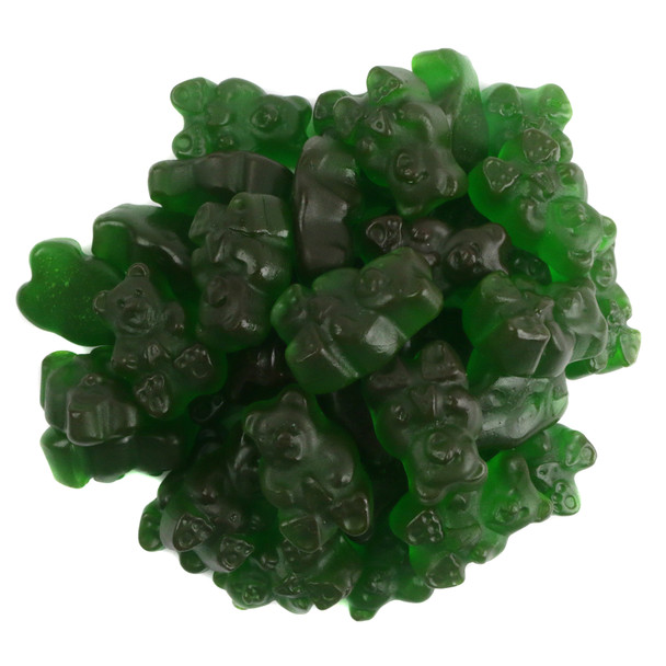 Green apple crisp gummy bears, chewy, 3/4 inch long, approximately 145 per pound.