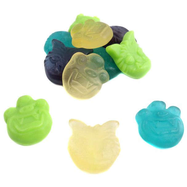Albanese Gummy Halloween Monsters, assorted spooky ghouls & goblins, vibrant colors, approx 60 fruity gummies per pound.