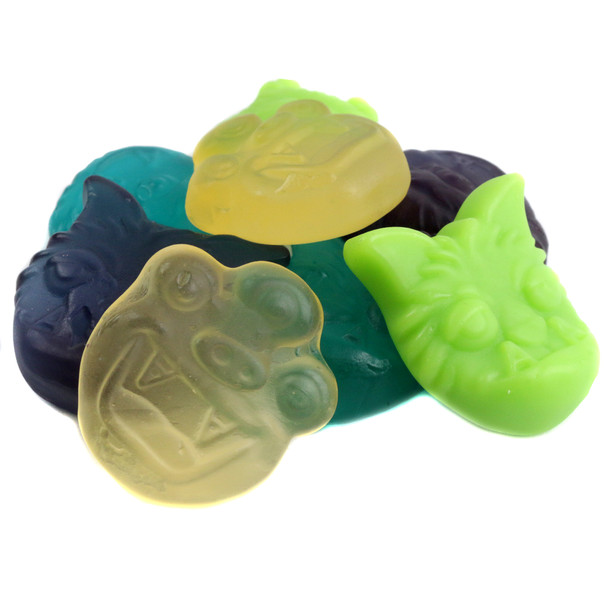 Albanese Gummy Halloween Monsters, spooky shapes, ghouls, goblins, fruity, chewy, approx 60 per pound, green.