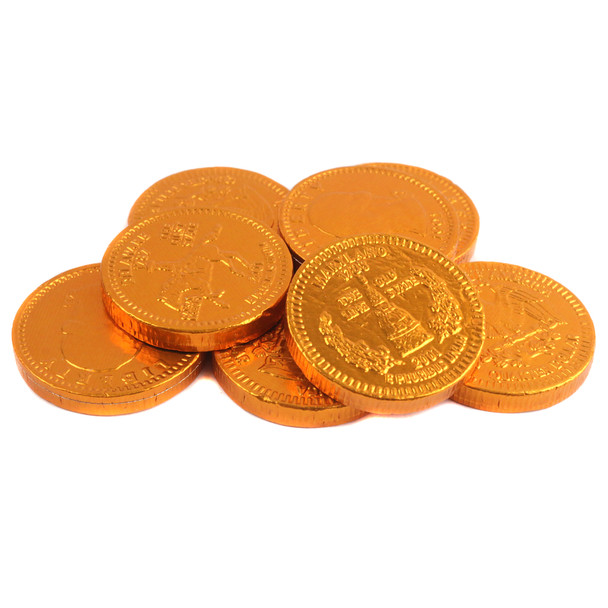 Many gleaming copper chocolate coins, rich creamy milk chocolate wrapped in elegant copper foil.