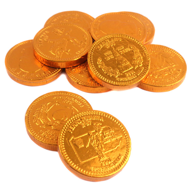 Gleaming copper foil wrapped rich milk chocolate coins, smooth texture, elegant presentation.