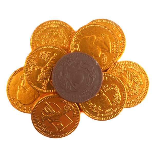 Gleaming copper foil wrapped chocolate coins, rich creamy milk chocolate candy treats for parties, elegant presentation.