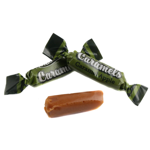 Atkinson Caramel Apple Caramels, individually wrapped, green and brown chewy candies.