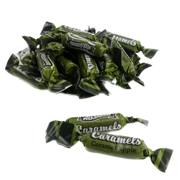 Individually wrapped Atkinson Caramel Apple Caramels, chewy green and brown fall candy.