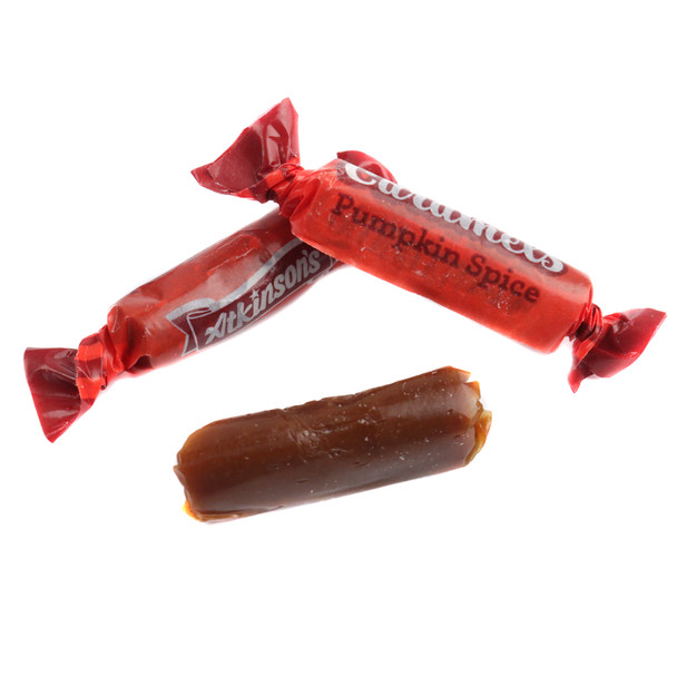 Atkinson Pumpkin Spice Caramels, warm orange, brown, spiced with cinnamon, nutmeg, clove, many individually wrapped.