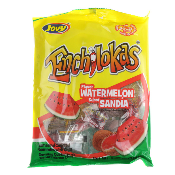 Jovy Watermelon Enchilokas 5.29oz bag, red chewy gummy candy, rolled in spicy chili & tamarind. Individually wrapped.