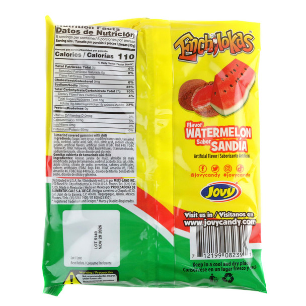 Jovy Watermelon Enchilokas 5.29oz bag, 10 red chewy spicy gummy candies, individually wrapped, chili.