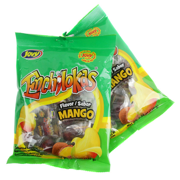 Jovy Mango Enchilokas, 5.29oz bag with 10 individually wrapped orange mango gummies coated in spicy tamarind chili.