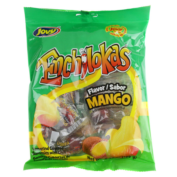 Jovy Mango Enchilokas, 5.29oz bag. Orange, chewy, spicy mango gummies with tamarind & chili. 10 individually wrapped pieces.