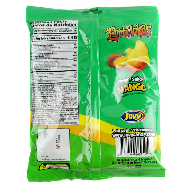 Jovy Mango Enchilokas 5.29oz bag, 10 individually wrapped orange mango gummy candies coated with tamarind chili.