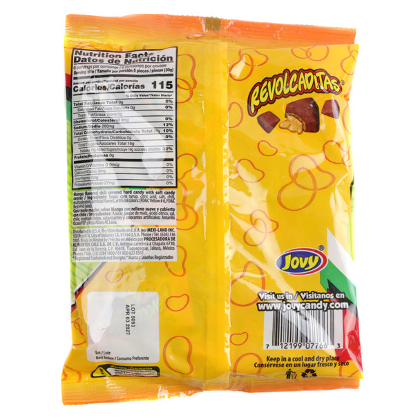 Jovy Mango Revolcaditas, 6oz bag. 30 yellow hard candies, chewy center, zesty chili. Sweet, spicy, tangy.