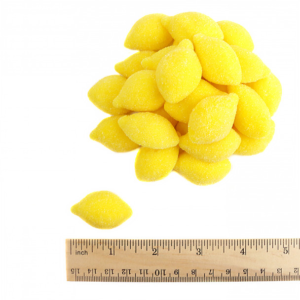 Vibrant yellow gummy lemons, classic lemon shape, soft chew, sweet citrus flavor, shimmering with sanding sugar.