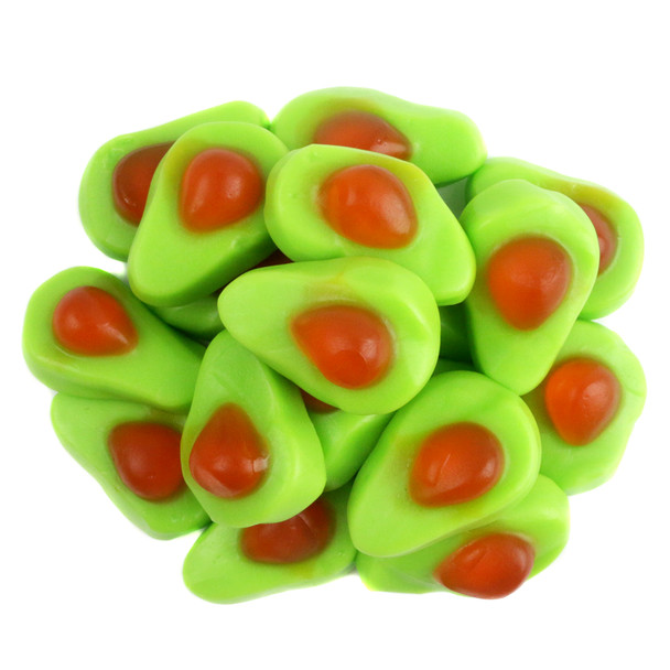 Oversized, two-tone gummy avocados, vibrant green with playful pit detail.