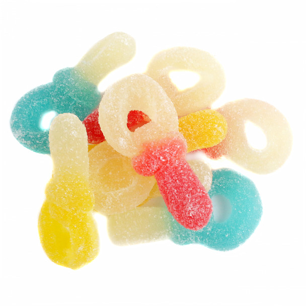 Vibrant pacifier-shaped gummy candy. Red, yellow, blue. Strawberry, raspberry, pineapple flavors, bulk.