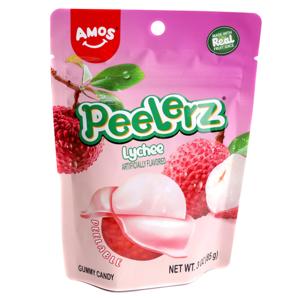Peelerz Lychee tropical soft chewy gummies, 24 individual 3oz packs, bursting with exotic sweet flavor.