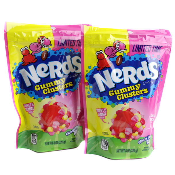 Bite-sized Nerds Clusters Cherry Lemonade, bright red and yellow gummy candy, crunchy classic Nerds.