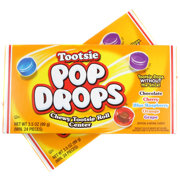 12 pack Tootsie Pop Drops theater boxes. Colorful fruit hard candies with chewy chocolatey Tootsie Roll centers.