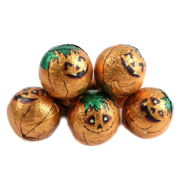 Palmer Bumpkins Double Chocolate Balls, orange foil-wrapped bulk Halloween candy, approx. 37 per pound.
