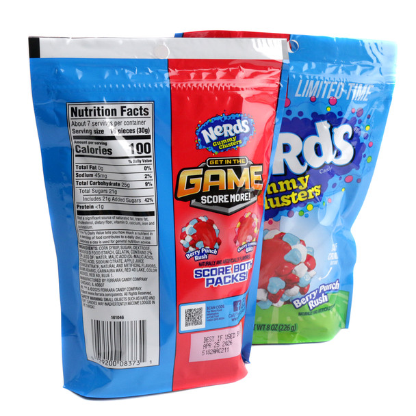 Nerds Clusters Berry Punch, vibrant red and blue, crunchy candy on chewy gummy, approx 200 pieces per pound.
