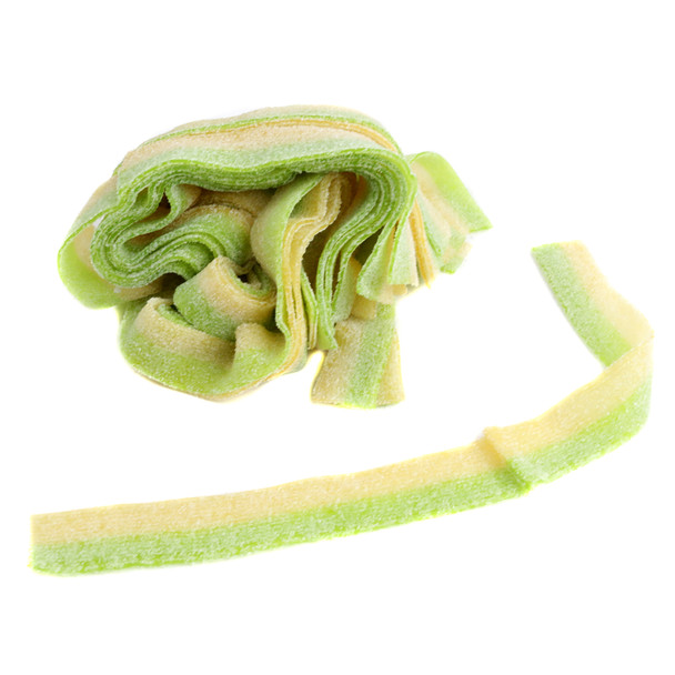Bright green, chewy, stretchy pickle sour belts. Bold, tangy dill pickle flavor candy with a mouth-watering sour kick.