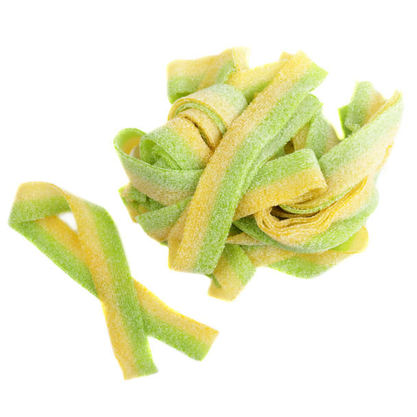 19.8lb bulk green pickle sour belts. Chewy, stretchy candy with bold dill pickle flavor and mouth-watering sour kick.