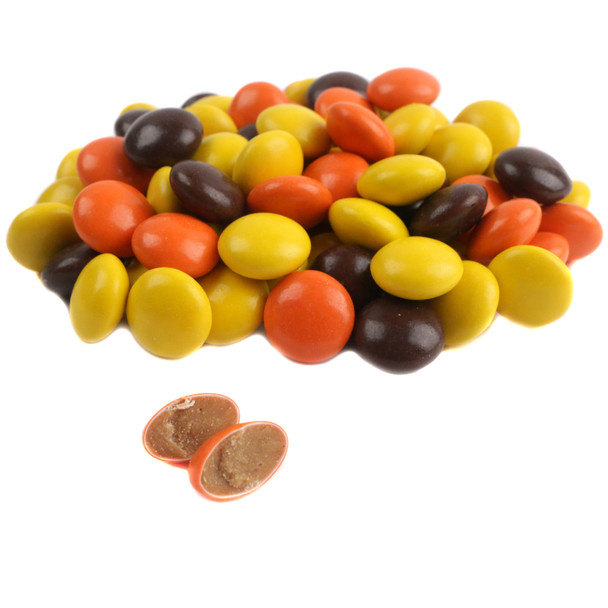 Georgia Nut Peanut Butter Fall Gems, 400 per lb, rich velvety candy coating, creamy peanut butter center, fall colors.