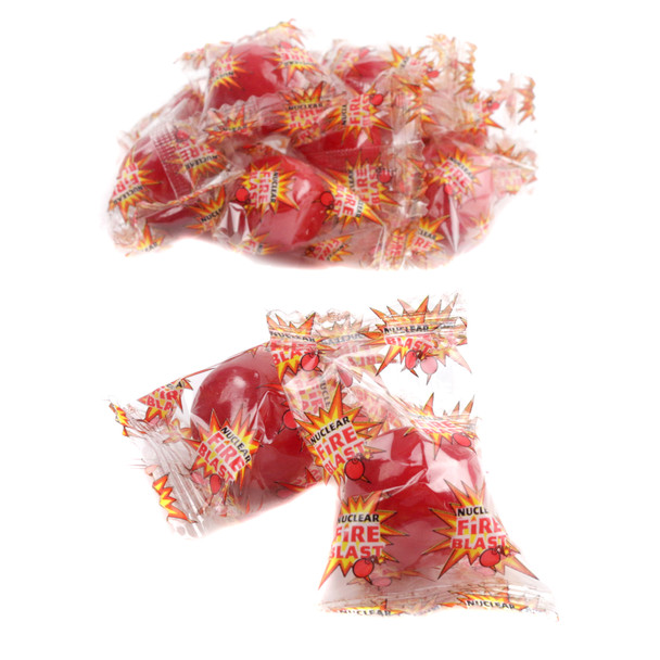 Individually wrapped Nuclear Fire Blast red jawbreakers, approx 75 per pound, explosively hot cinnamon candy.
