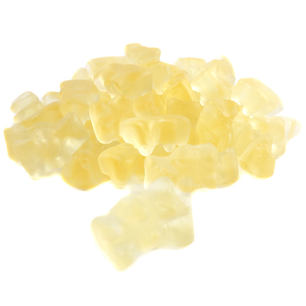 Yellow sparkling Prosecco gummy bears, approx 72 per pound. Sour, chewy, non-alcoholic Belgian candy.