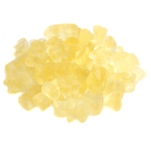 Yellow sour sparkling Prosecco gummy bears, approx. 72 per pound. Non-alcoholic Belgian candy.