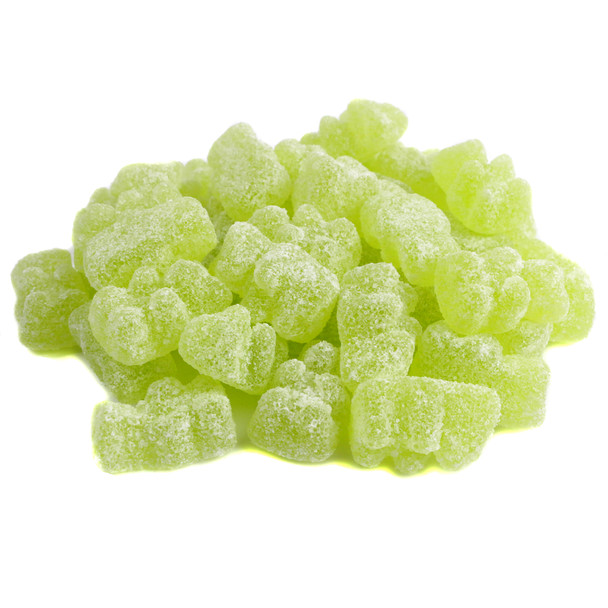Bright green Sour Margarita gummy bears. Zesty lime, orange, salt flavors. Approx 72 chewy candies per pound.