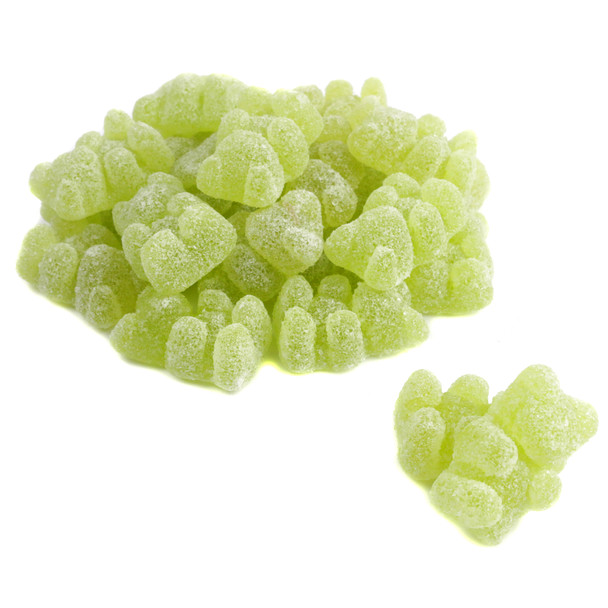 Bright green Gin & Tonic gummy bears, non-alcoholic, chewy, featuring citrus and botanical cocktail flavors.