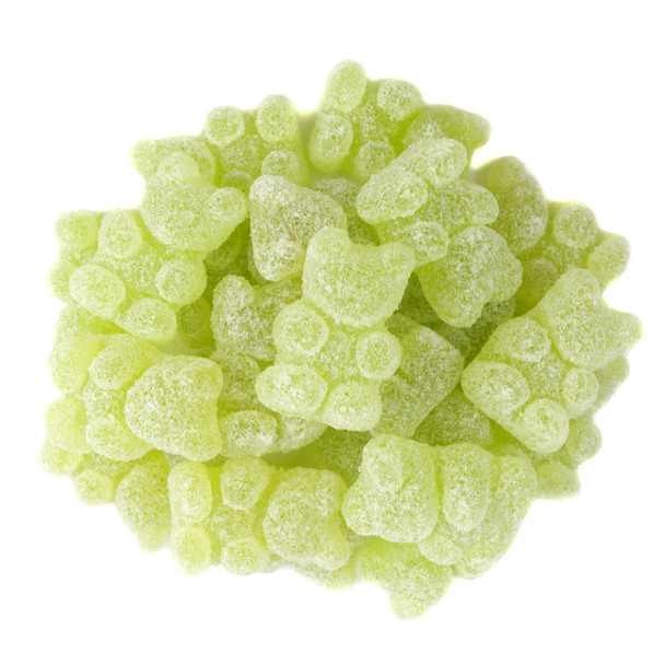 Vibrant green Gin & Tonic gummy bears, chewy non-alcoholic cocktail candy for adults.
