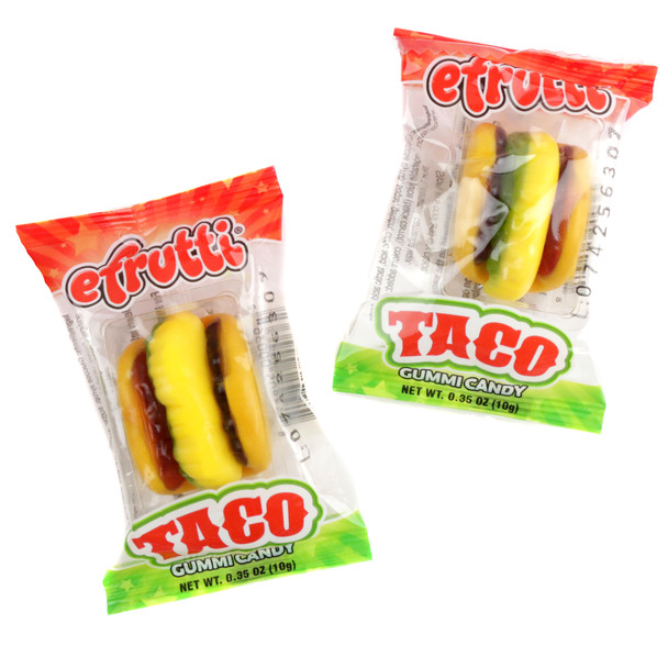 Efrutti Mini Gummy Tacos, colorful taco-shaped fruity candy, featuring orange and yellow details, approx 44 per pound.