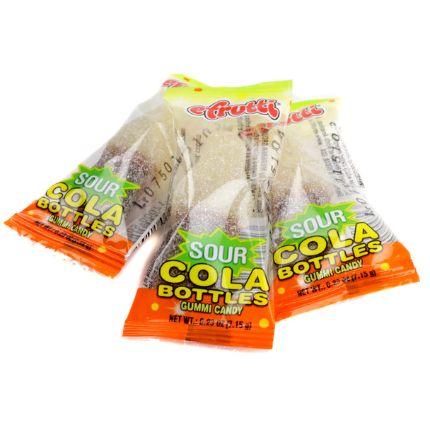 3 Bags of Efrutti Sour Cola Bottles in a pile, approx 64 brown individually wrapped sour gummy candies in each bag, shaped like classic cola bottles.