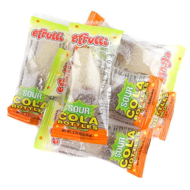 Efrutti Sour Cola Bottles, individually wrapped brown gummy candy, classic cola shape, sour sugar, approx 64 count.