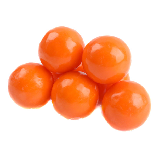Vibrant orange gumballs, 1 inch diameter, juicy orange flavor, approximately 60 per pound, bulk candy.