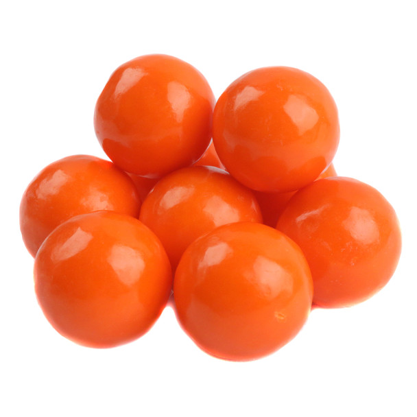 Vibrant orange gumballs, 1 inch diameter, juicy orange flavor, approx 60 per pound, bulk candy.