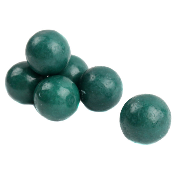 Glossy dark green 1-inch apple gumballs, approx 60 per pound, perfect for candy machines or buffets.