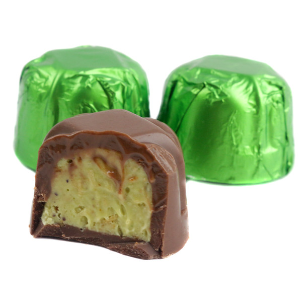 Ashers Milk Chocolate Dubai Truffles with pistachio cream, wrapped in vibrant green foils, approx 31 pieces per pound.