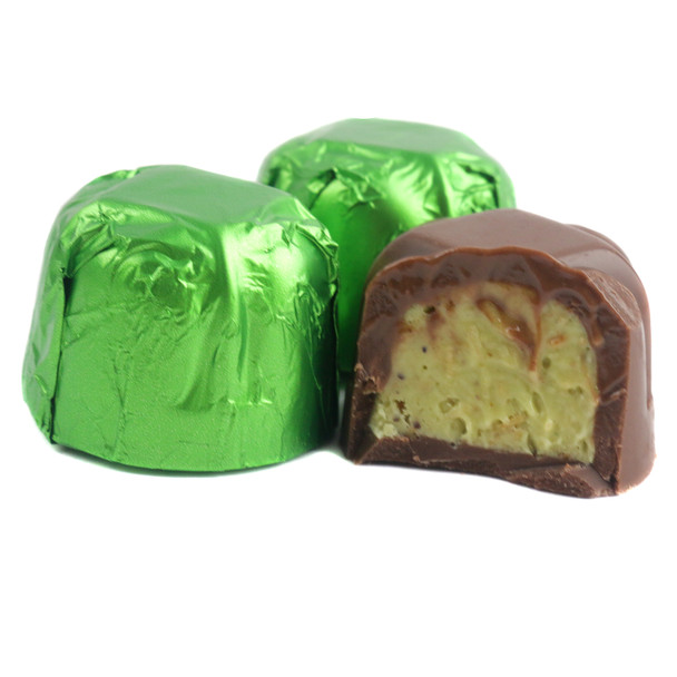 Ashers Milk Chocolate Dubai Truffles, green foil-wrapped, creamy pistachio & crisp Kadayif center, approx 31 pcs, USA.