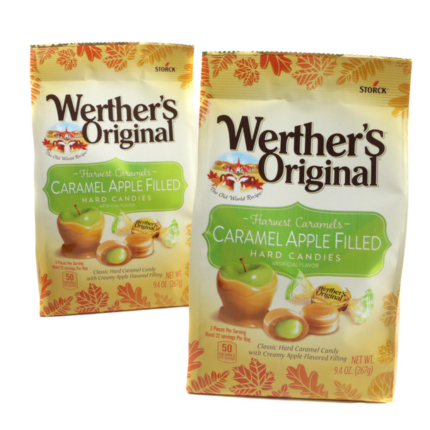 Werthers Caramel Apple Filled Hard Candy, 3x 9.4oz bags. Golden caramel shell, green apple filling.